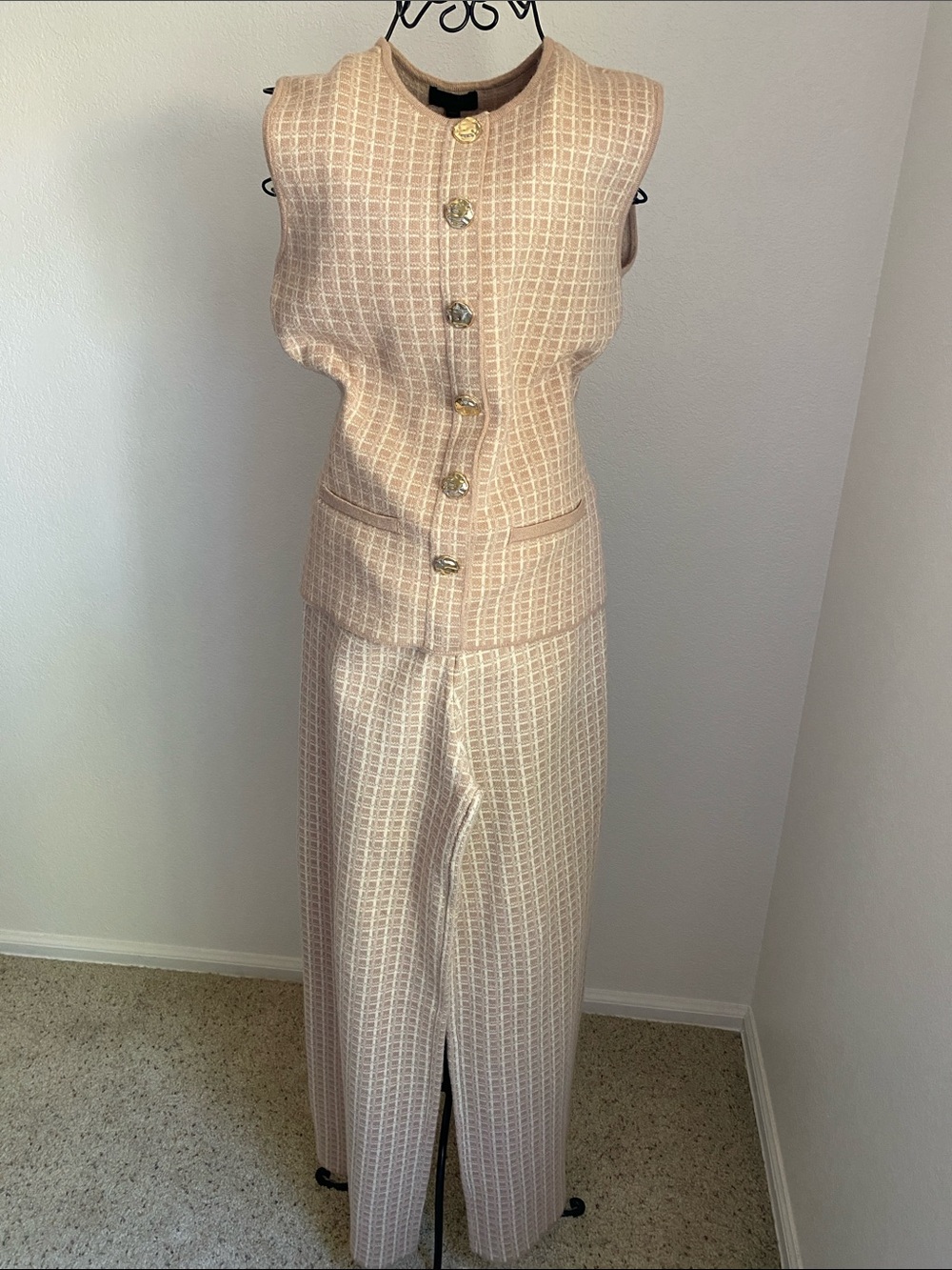 Sleeveless Tweed Vest and Wide-Leg Pants Set - Cream